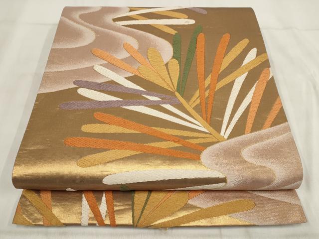 平和屋着物◎六通柄袋帯　唐織　霞松葉文　金糸　正絹　逸品　AABH1393wj