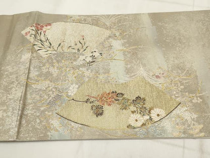 平和屋着物◎六通柄袋帯 遊扇草花文 金銀糸 正絹 逸品 AABH1395wj