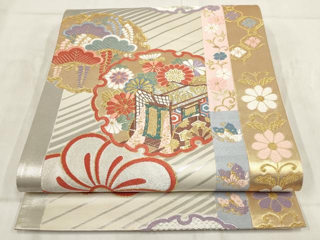 平和屋着物◎六通柄袋帯　雪輪飛鶴御所車文　金銀糸　正絹　逸品　AABH1396wj