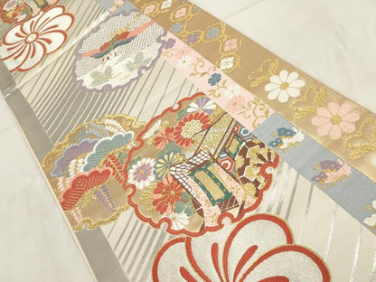 平和屋着物◎六通柄袋帯　雪輪飛鶴御所車文　金銀糸　正絹　逸品　AABH1396wj