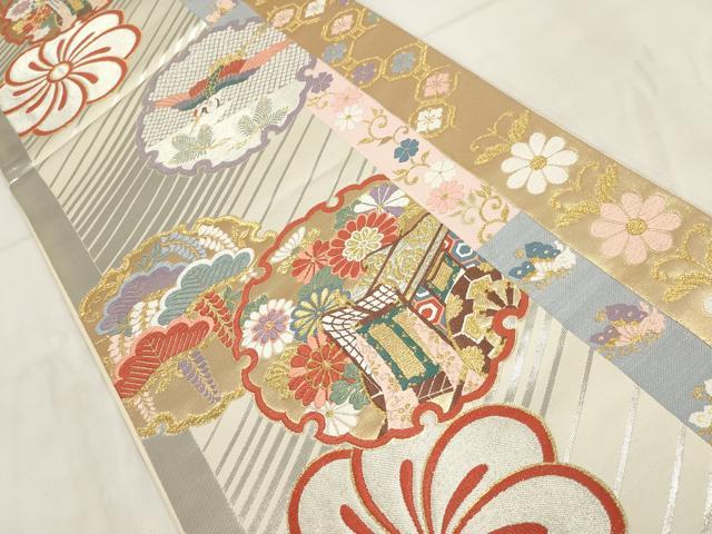 平和屋着物◎六通柄袋帯　雪輪飛鶴御所車文　金銀糸　正絹　逸品　AABH1396wj