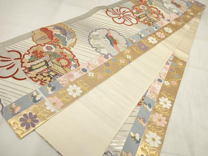平和屋着物◎六通柄袋帯　雪輪飛鶴御所車文　金銀糸　正絹　逸品　AABH1396wj