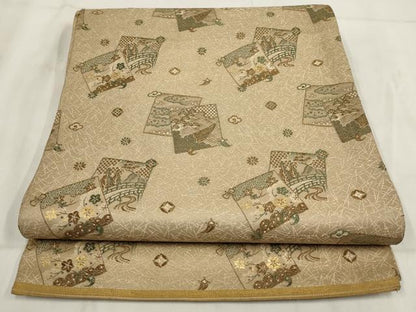 平和屋着物◎アンティーク　大正ロマン　丸帯　色紙流水花文　金糸　正絹　逸品　AABH1400wj