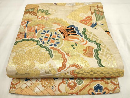 平和屋着物◎アンティーク　大正ロマン　丸帯　鼓　草花文　金銀糸　正絹　逸品　AABH1410wj