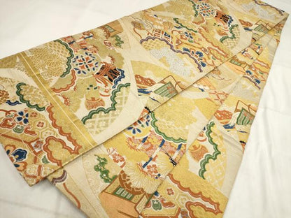 平和屋着物◎アンティーク　大正ロマン　丸帯　鼓　草花文　金銀糸　正絹　逸品　AABH1410wj