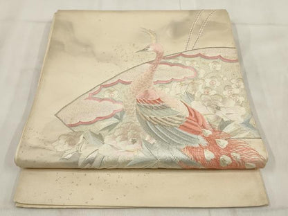 平和屋着物▼総刺繍　袋帯　地紙花文　孔雀　金銀糸　正絹　逸品　AABH1416wj