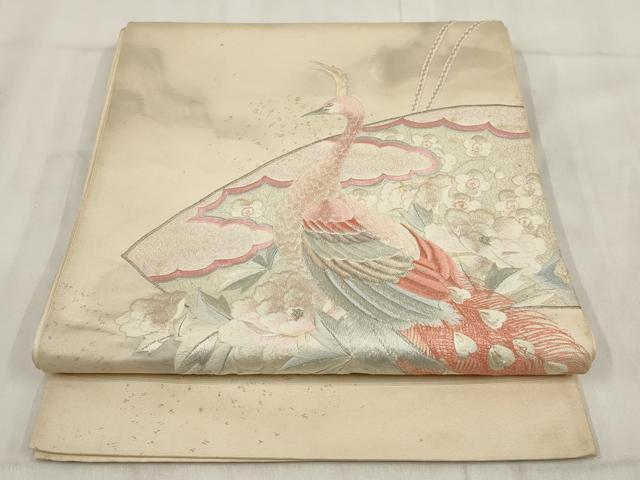 平和屋着物▼総刺繍　袋帯　地紙花文　孔雀　金銀糸　正絹　逸品　AABH1416wj