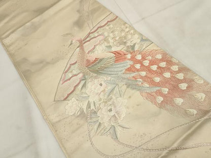 平和屋着物▼総刺繍　袋帯　地紙花文　孔雀　金銀糸　正絹　逸品　AABH1416wj