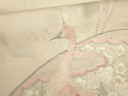 平和屋着物▼総刺繍　袋帯　地紙花文　孔雀　金銀糸　正絹　逸品　AABH1416wj