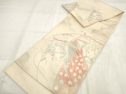 平和屋着物▼総刺繍　袋帯　地紙花文　孔雀　金銀糸　正絹　逸品　AABH1416wj