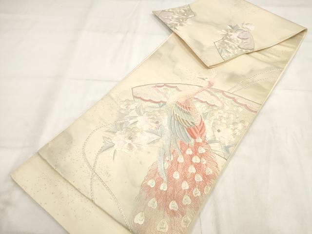 平和屋着物▼総刺繍　袋帯　地紙花文　孔雀　金銀糸　正絹　逸品　AABH1416wj