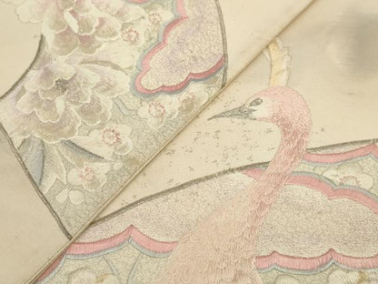 平和屋着物▼総刺繍　袋帯　地紙花文　孔雀　金銀糸　正絹　逸品　AABH1416wj