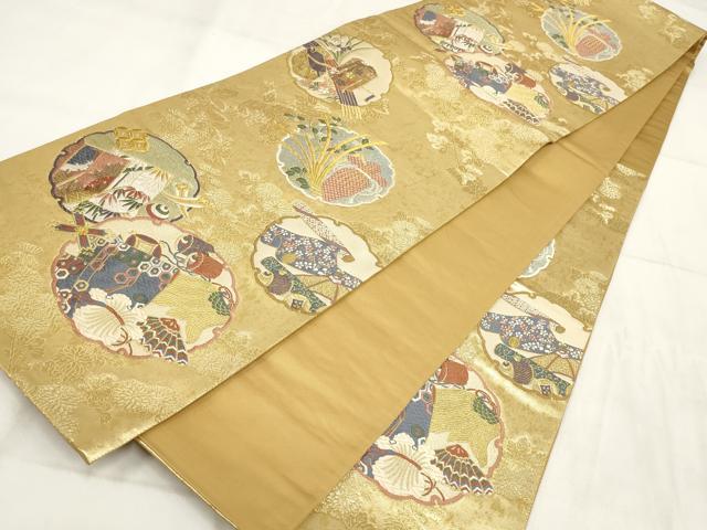平和屋着物▼六通柄袋帯　唐織　雪輪花文　金糸　正絹　逸品　AABH1423wj