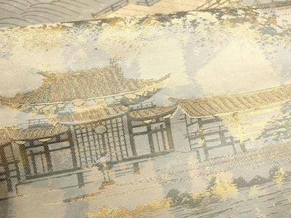 平和屋着物▼西陣　服部織物謹製　六通柄袋帯　こはく錦　風景文　金糸　正絹　逸品　AABH1490wj
