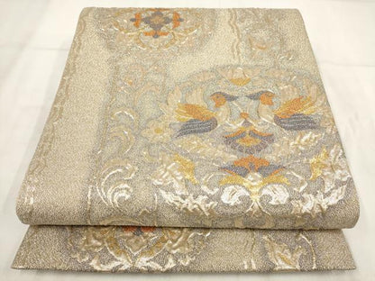 平和屋着物▼六通柄袋帯　ふくれ織　花鳥文　金糸　正絹　逸品　AABH1500wj