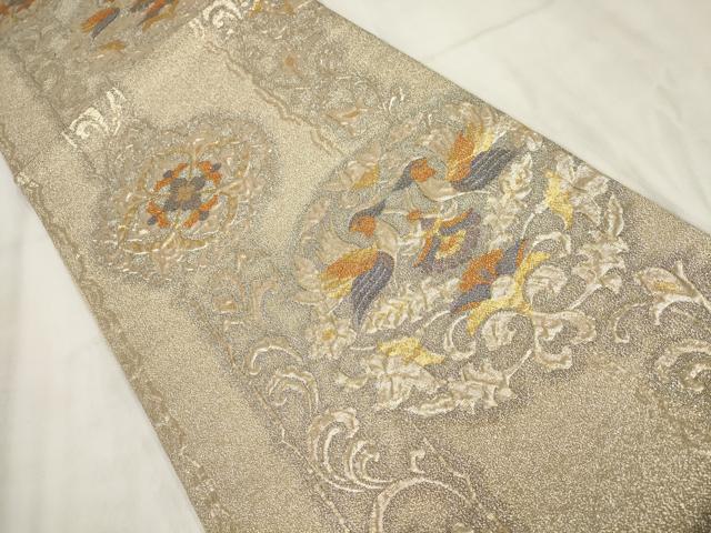 平和屋着物▼六通柄袋帯　ふくれ織　花鳥文　金糸　正絹　逸品　AABH1500wj