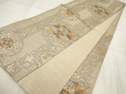 平和屋着物▼六通柄袋帯　ふくれ織　花鳥文　金糸　正絹　逸品　AABH1500wj