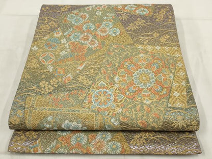 平和屋着物▼六通柄袋帯 色紙花文 金糸 正絹 逸品 AABH1507wj