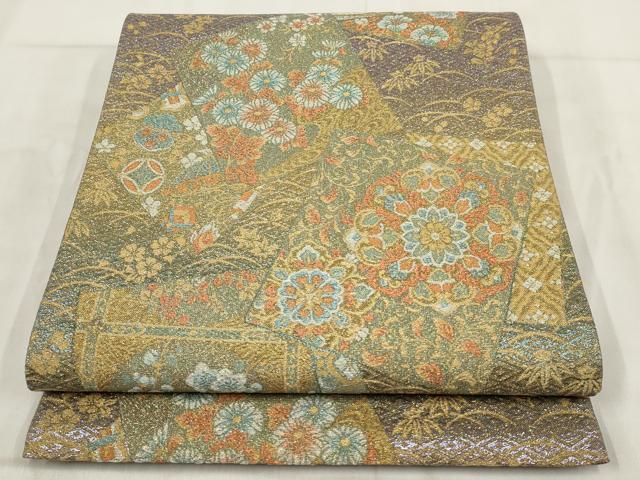 平和屋着物▼六通柄袋帯 色紙花文 金糸 正絹 逸品 AABH1507wj