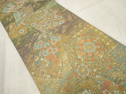 平和屋着物▼六通柄袋帯 色紙花文 金糸 正絹 逸品 AABH1507wj