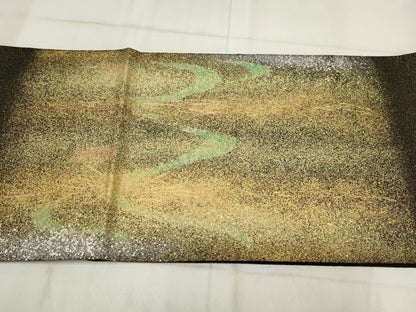 平和屋着物▼太鼓柄袋帯　霞文　黒地　金銀彩　正絹　逸品　AABH1520wj