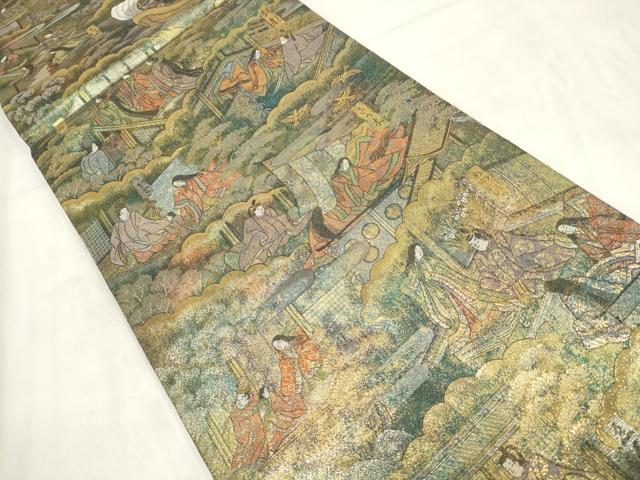 平和屋着物▼西陣あさぎ　全通全景柄袋帯　源氏抽象絵巻　24金プラチナ二重箔　金銀糸　正絹　24ｋ　逸品　AABH1522wj