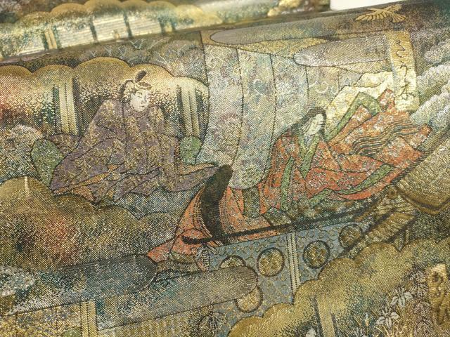 平和屋着物▼西陣あさぎ　全通全景柄袋帯　源氏抽象絵巻　24金プラチナ二重箔　金銀糸　正絹　24ｋ　逸品　AABH1522wj