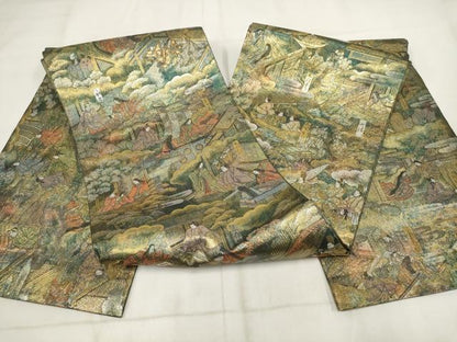 平和屋着物▼西陣あさぎ　全通全景柄袋帯　源氏抽象絵巻　24金プラチナ二重箔　金銀糸　正絹　24ｋ　逸品　AABH1522wj