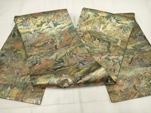 平和屋着物▼西陣あさぎ　全通全景柄袋帯　源氏抽象絵巻　24金プラチナ二重箔　金銀糸　正絹　24ｋ　逸品　AABH1522wj
