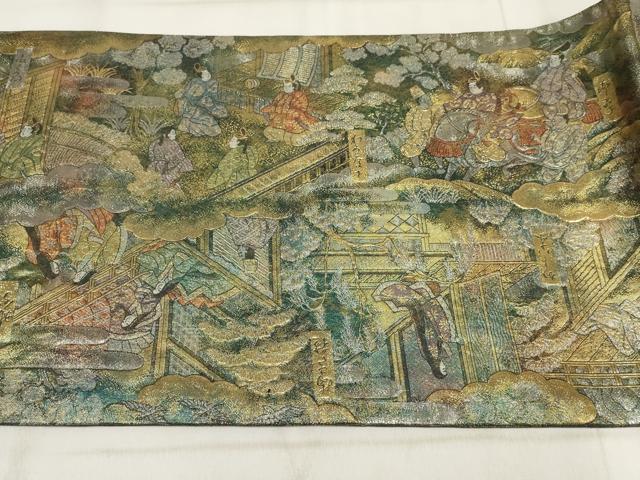 平和屋着物▼西陣あさぎ　全通全景柄袋帯　源氏抽象絵巻　24金プラチナ二重箔　金銀糸　正絹　24ｋ　逸品　AABH1522wj
