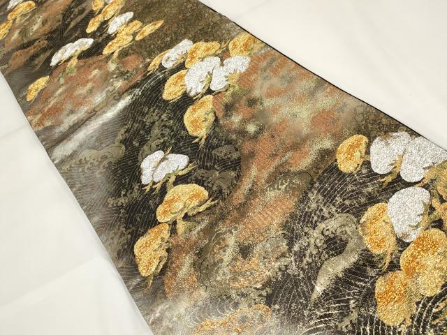 平和屋着物▼六通柄袋帯　霞枝松文　黒地　金銀糸　正絹　逸品　AABH1589wj