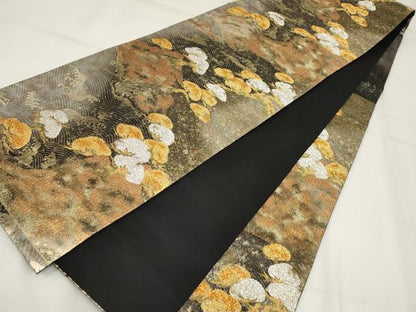 平和屋着物▼六通柄袋帯　霞枝松文　黒地　金銀糸　正絹　逸品　AABH1589wj