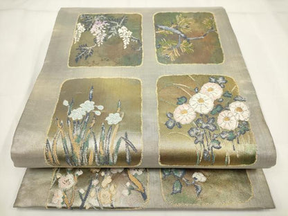 平和屋着物▼六通柄袋帯　色紙花文　金銀糸　正絹　逸品　AABH1593wj