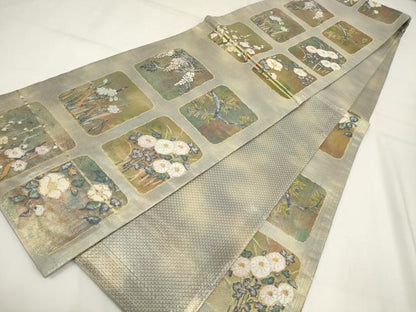 平和屋着物▼六通柄袋帯　色紙花文　金銀糸　正絹　逸品　AABH1593wj