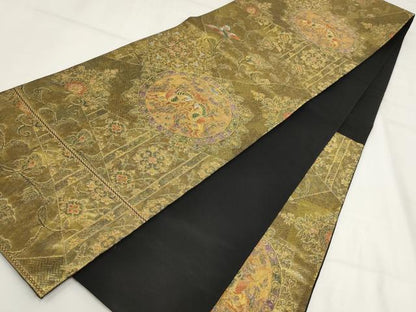 平和屋着物▼六通柄袋帯　正倉院狩倉文　黒地　金糸　引箔　正絹　逸品　AABH1704wj