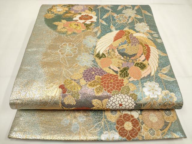 平和屋着物●両面　六通柄袋帯　花丸文　刺し子　総刺繍　金銀糸　正絹　逸品　DABD1891ps 平和屋着物◎六通柄袋帯 唐織 花鳥丸文 黒地 金銀糸 正絹 逸品