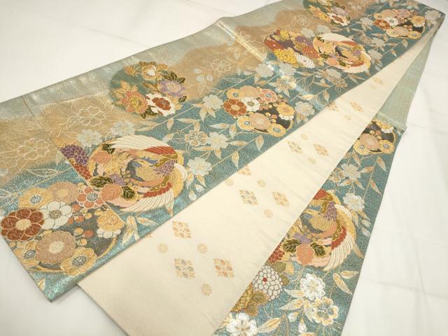 平和屋着物●両面　六通柄袋帯　花丸文　刺し子　総刺繍　金銀糸　正絹　逸品　DABD1891ps 平和屋着物○極上 創業280年 誉田屋源兵衛 六通柄袋帯 唐織 橘花文 金