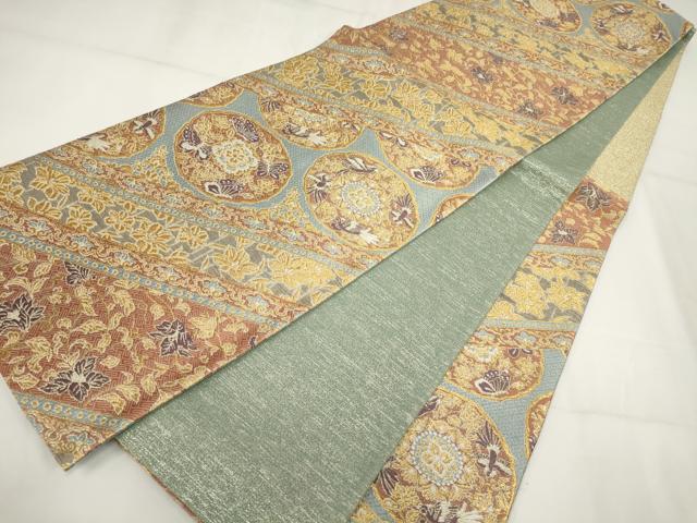 平和屋着物▼六通柄袋帯　斜め取り花鳥丸文　金糸　正絹　逸品　AABH1763wj