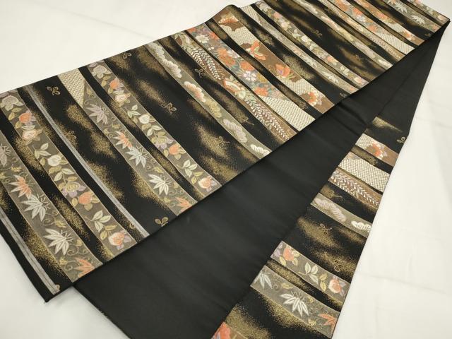 平和屋着物▼六通柄袋帯　横段花蝶文　黒地　金糸　正絹　逸品　AABH1774wj