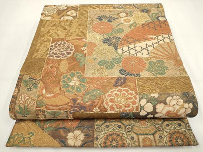 平和屋着物▼京の名門 じゅらく謹製 太鼓柄袋帯 時代裂合せ文様 金糸 正絹 逸品 AABH1778wj