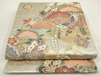 平和屋着物▼六通柄袋帯　ふくれ織　花蝶文　金銀糸　正絹　逸品　AABH1780wj