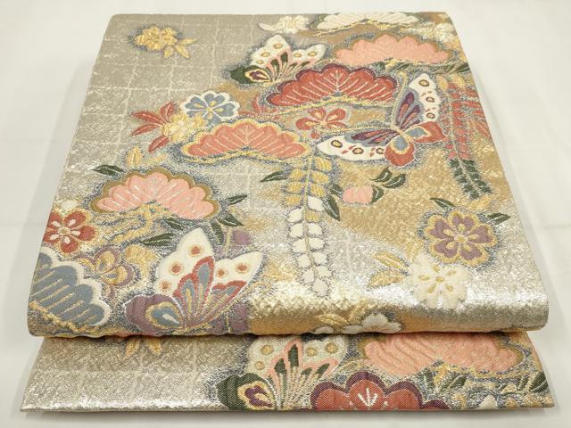平和屋着物▼六通柄袋帯　ふくれ織　花蝶文　金銀糸　正絹　逸品　AABH1780wj