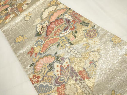 平和屋着物▼六通柄袋帯　ふくれ織　花蝶文　金銀糸　正絹　逸品　AABH1780wj