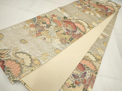 平和屋着物▼六通柄袋帯　ふくれ織　花蝶文　金銀糸　正絹　逸品　AABH1780wj