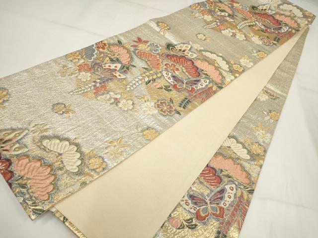 平和屋着物▼六通柄袋帯　ふくれ織　花蝶文　金銀糸　正絹　逸品　AABH1780wj