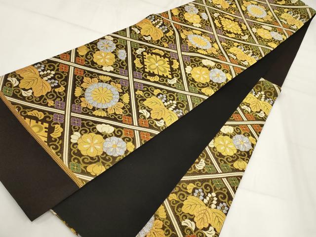 平和屋着物▽小杉織物 六通柄袋帯 花唐草菱文 黒地 金