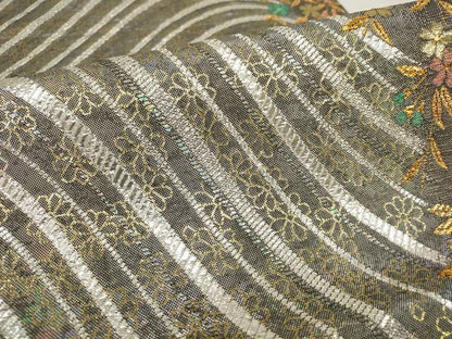 平和屋着物▼六通柄袋帯　立波花文　黒地　金銀糸　正絹　逸品　AABH1808wj