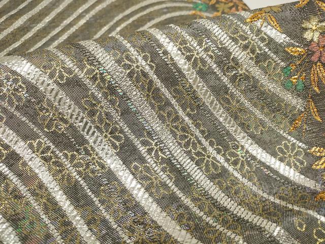 平和屋着物▼六通柄袋帯　立波花文　黒地　金銀糸　正絹　逸品　AABH1808wj