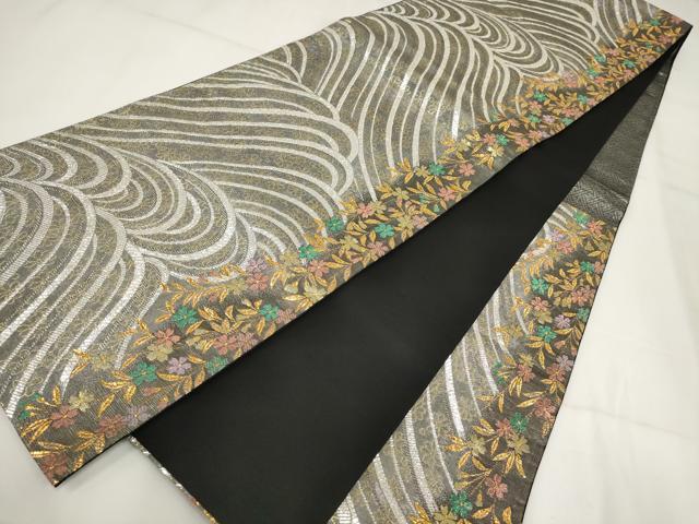 平和屋着物▼六通柄袋帯　立波花文　黒地　金銀糸　正絹　逸品　AABH1808wj