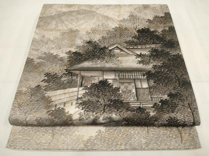 平和屋着物▼太鼓柄袋帯 作家物 手描き 遠山風景文 正絹 逸品 AABH1819wj
